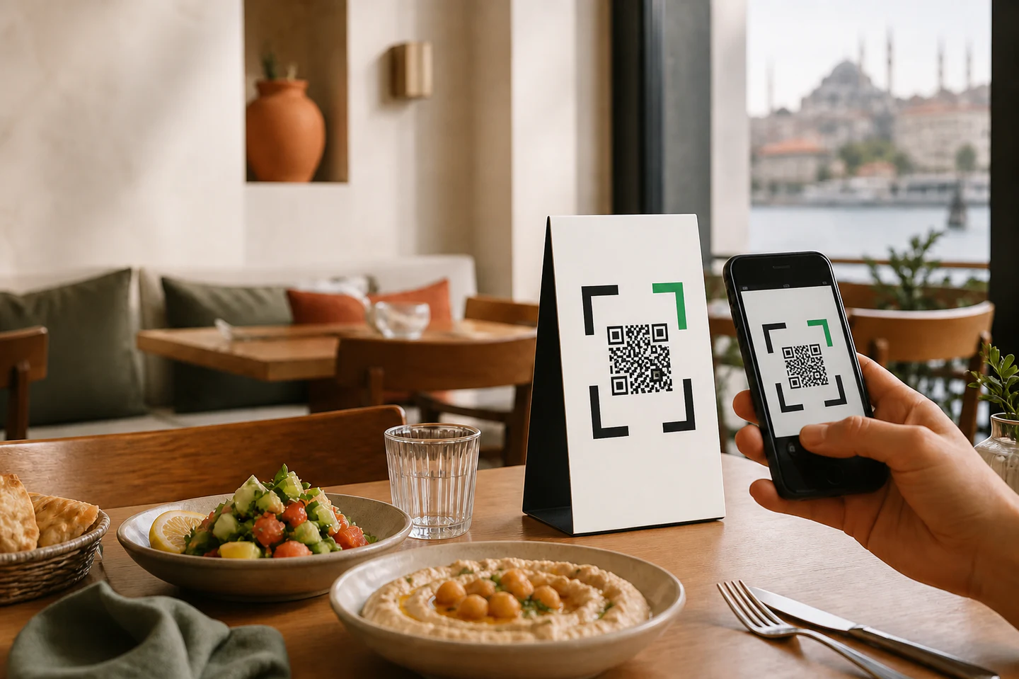 Restoran masasında QR menüyü telefonla okutan misafir