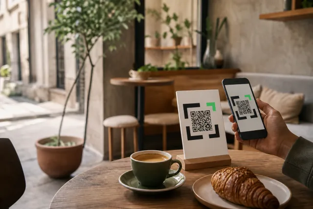 Kafe masasında QR kod standı ve telefonla okutma