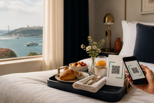 Otel odasında kahvaltı tepsisi yanında QR kod