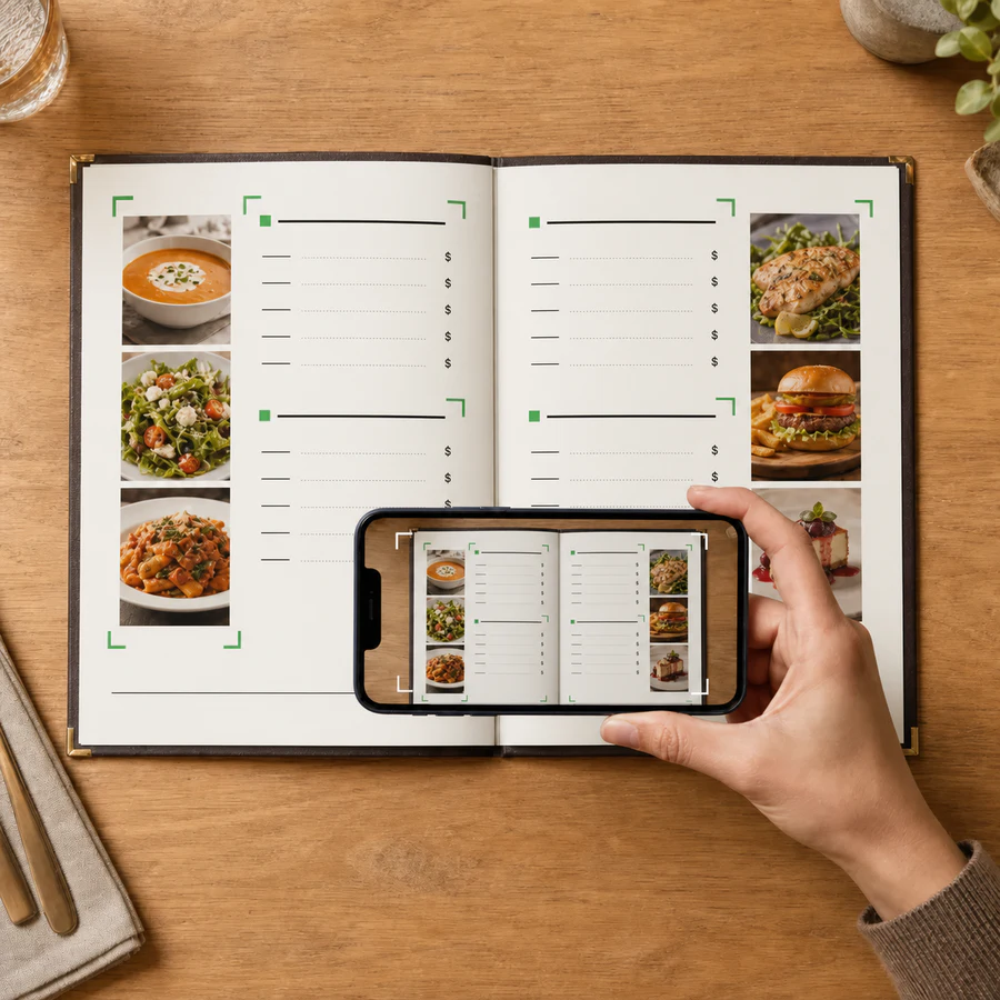 Telefonla fotoğrafı çekilen basılı restoran menüsü