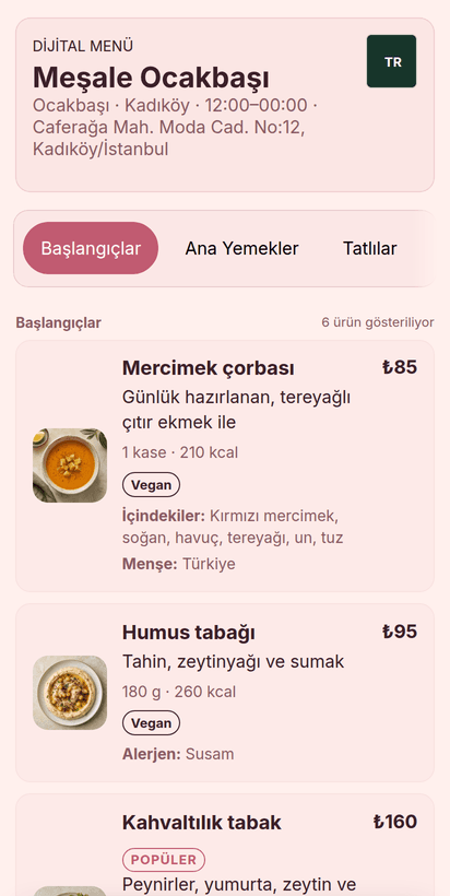 Pastane Pembesi temasıyla telefonda açılmış müşteri menüsü