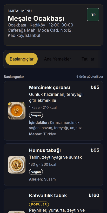 Gece Lacivert temasıyla telefonda açılmış müşteri menüsü