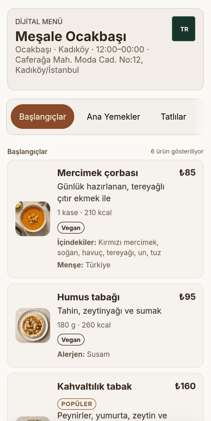 Sıcak Lokanta temasıyla telefonda açılmış müşteri menüsü